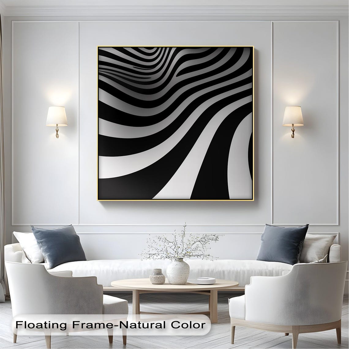 Black and White Wavy Line Optical Illusion Abstract Wall Art