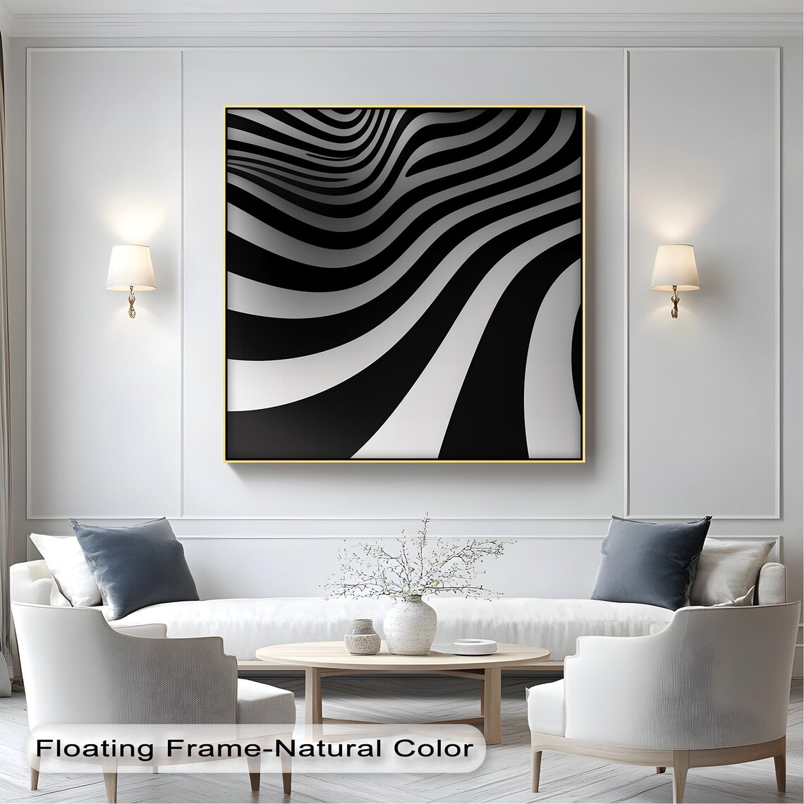 Wavy Black And White Abstract Canvas Art With Natural Frame