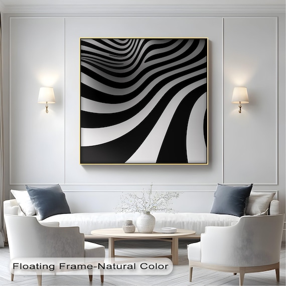 Wavy Black And White Abstract Canvas Art With Natural Frame