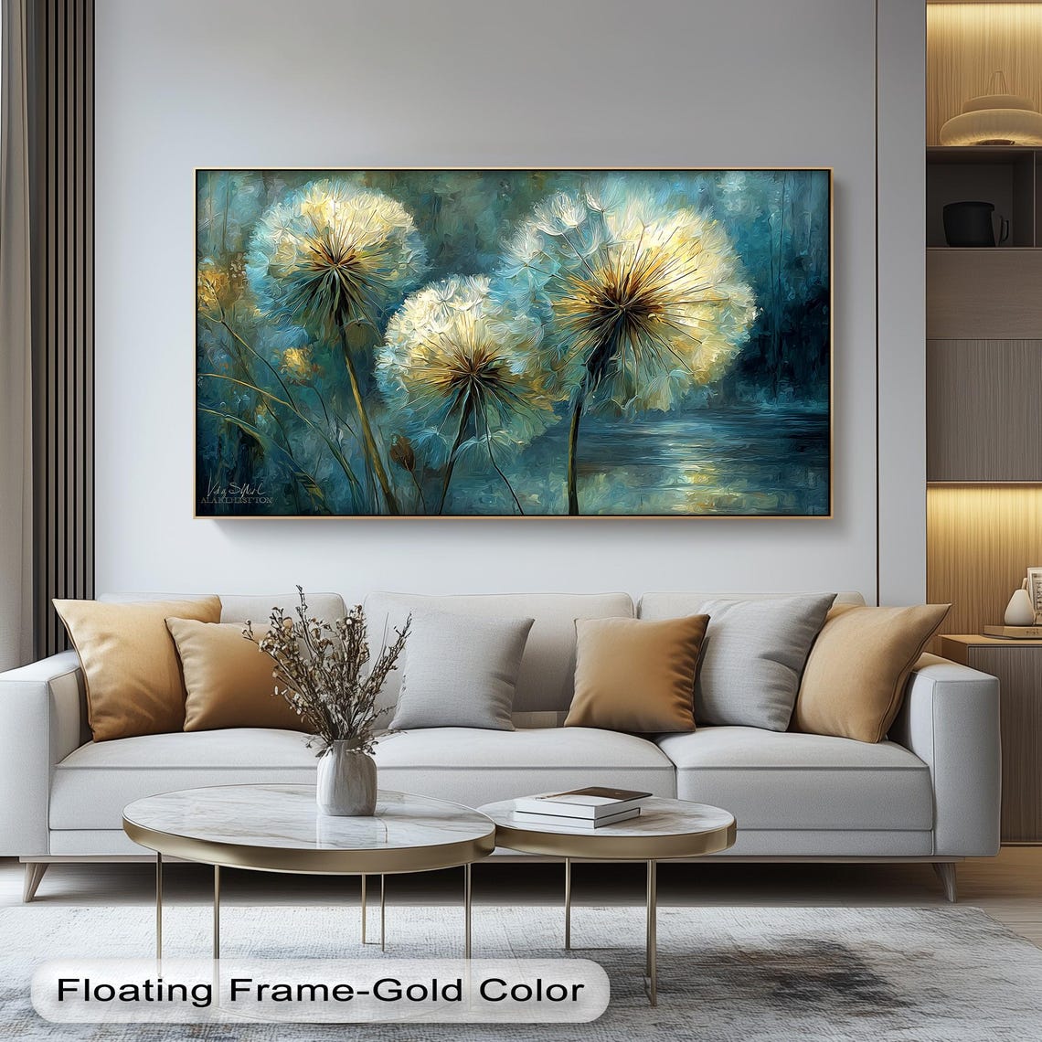 Glowing White Dandelions Over Dark Teal Panoramic Botanical Wall Art