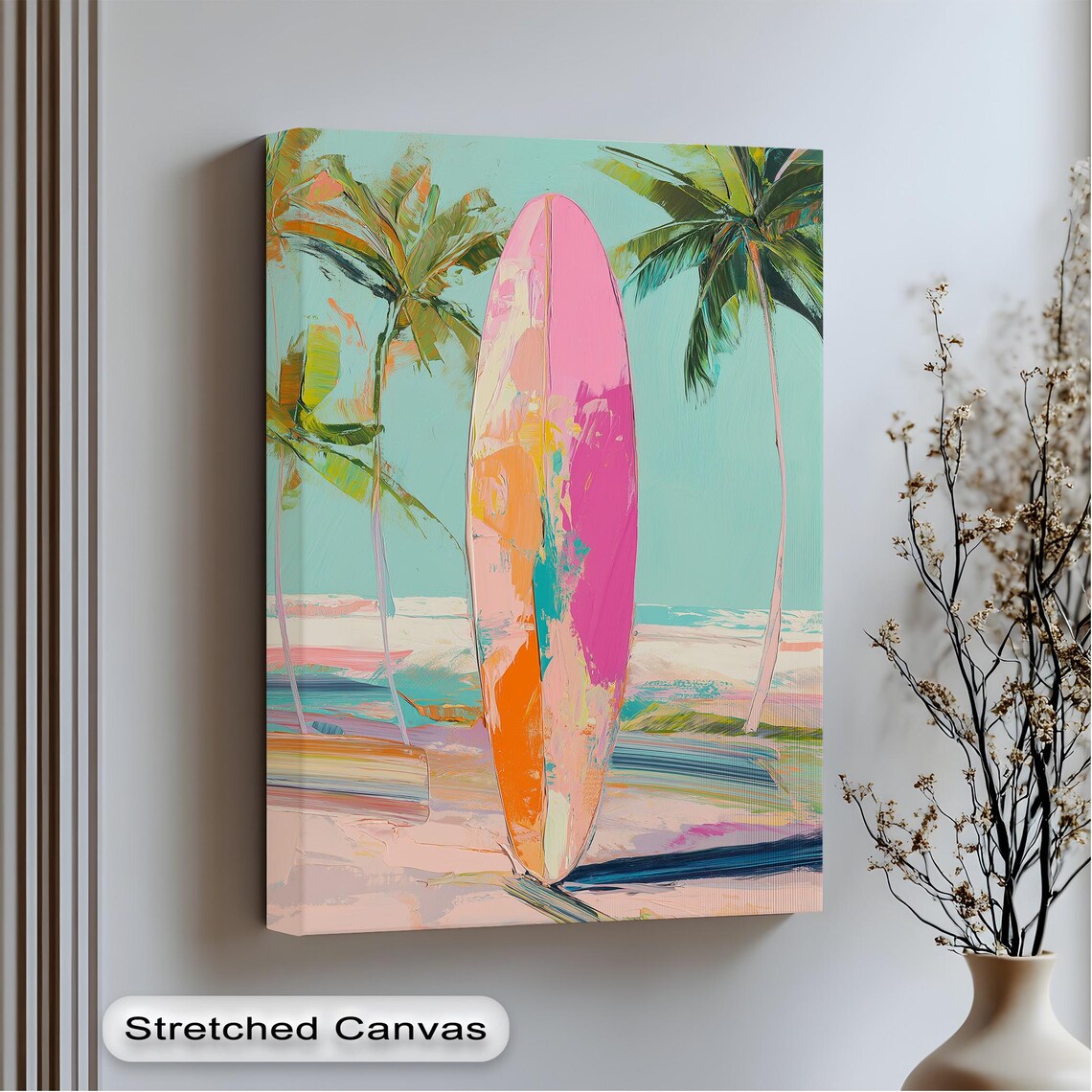 Tropical Surfboard Canvas Print White Frame Palm Tree Beach Art