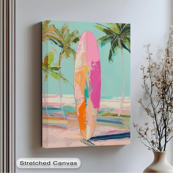 Pink Surfboard Beach Pastel Oil Painting with Palm Trees Coastal Art Print