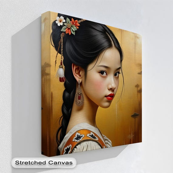 Oriental Girl Canvas Prints Elegant Asian Portrait Wall Art With Golden Background