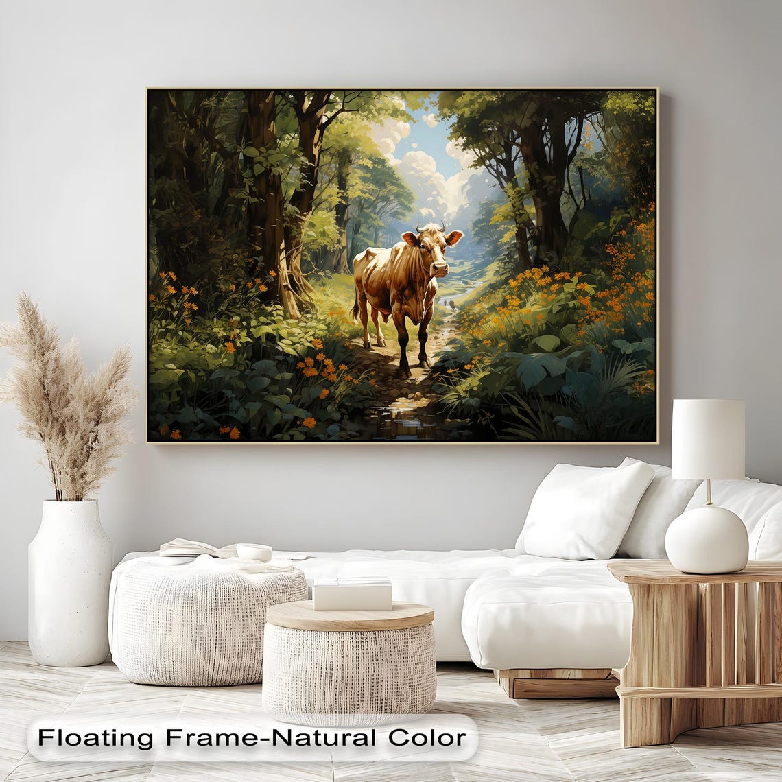 Brown Cow Walking Sunlit Forest Path Painterly Rustic Nature Poster