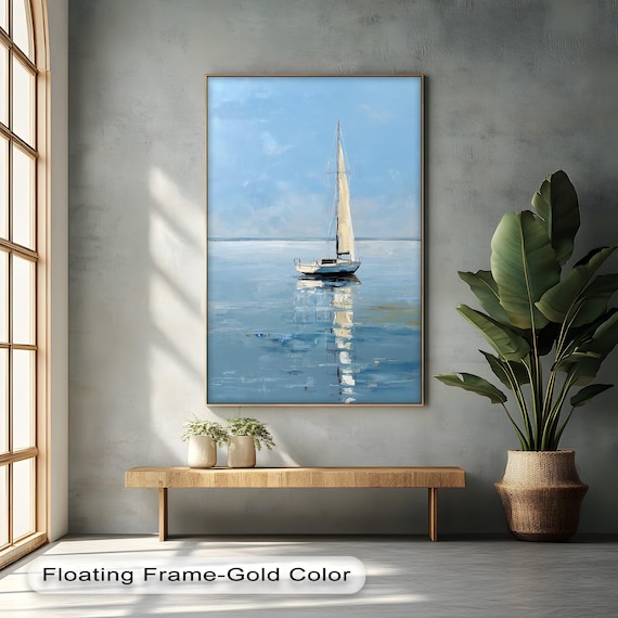 Calm Blue Sailboat Seascape Oil Painting Nautical Wall Decor Poster
