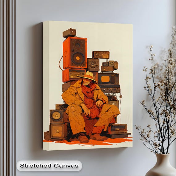 Retro Cowboy Canvas Art Vintage Boombox Print With Silver Frame