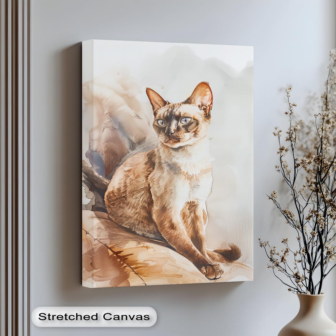 Elegant Siamese Cat Watercolor Portrait Soft Animal Wall Art