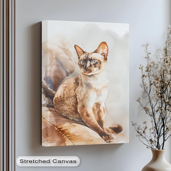 Elegant Siamese Cat Watercolor Portrait Soft Animal Wall Art