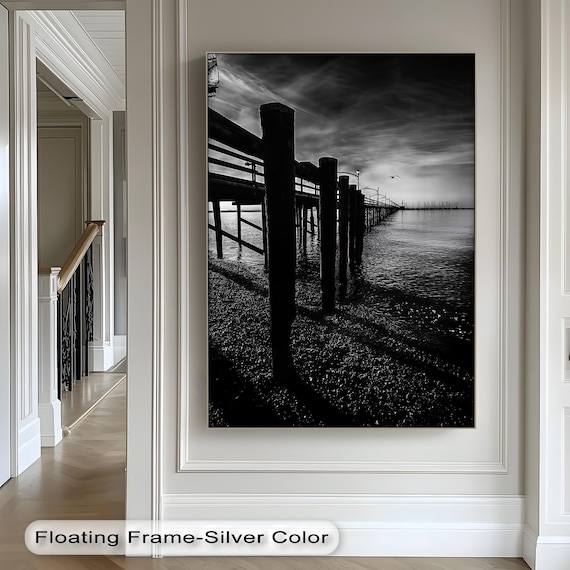 Wooden Pier Pilings Black and White Stormy Ocean Photo Poster