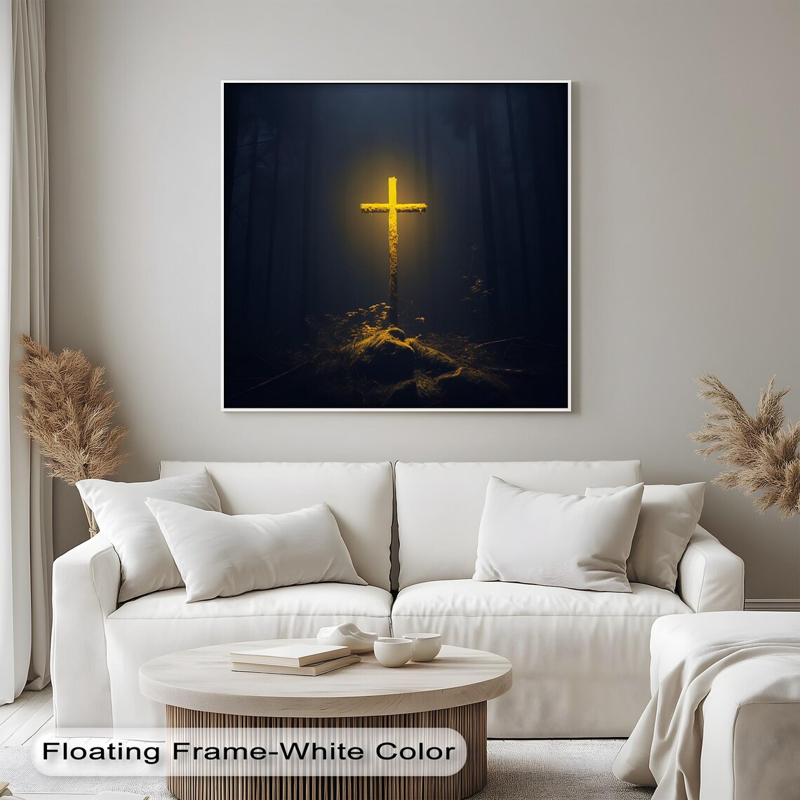 Glowing Golden Cross in Dark Forest Night Faith Christian Wall Art