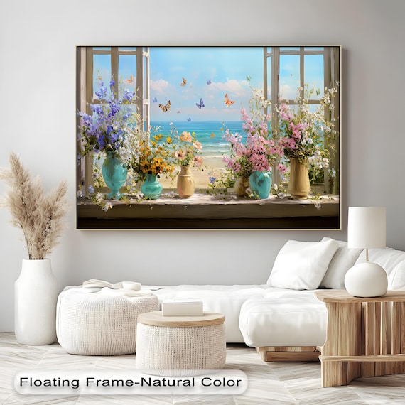 Floral Window Sill With Ocean View Butterflies Spring Art Poster