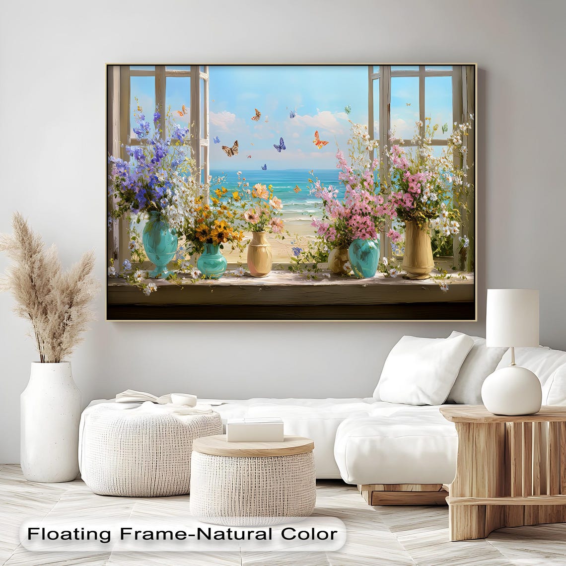 Floral Window Sill With Ocean View Butterflies Spring Art Poster
