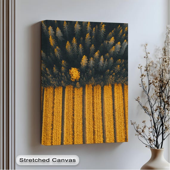 Golden Forest Fields Wall Art Aerial Nature Canvas With Gold Floating Frame Vertical Landscape Decor