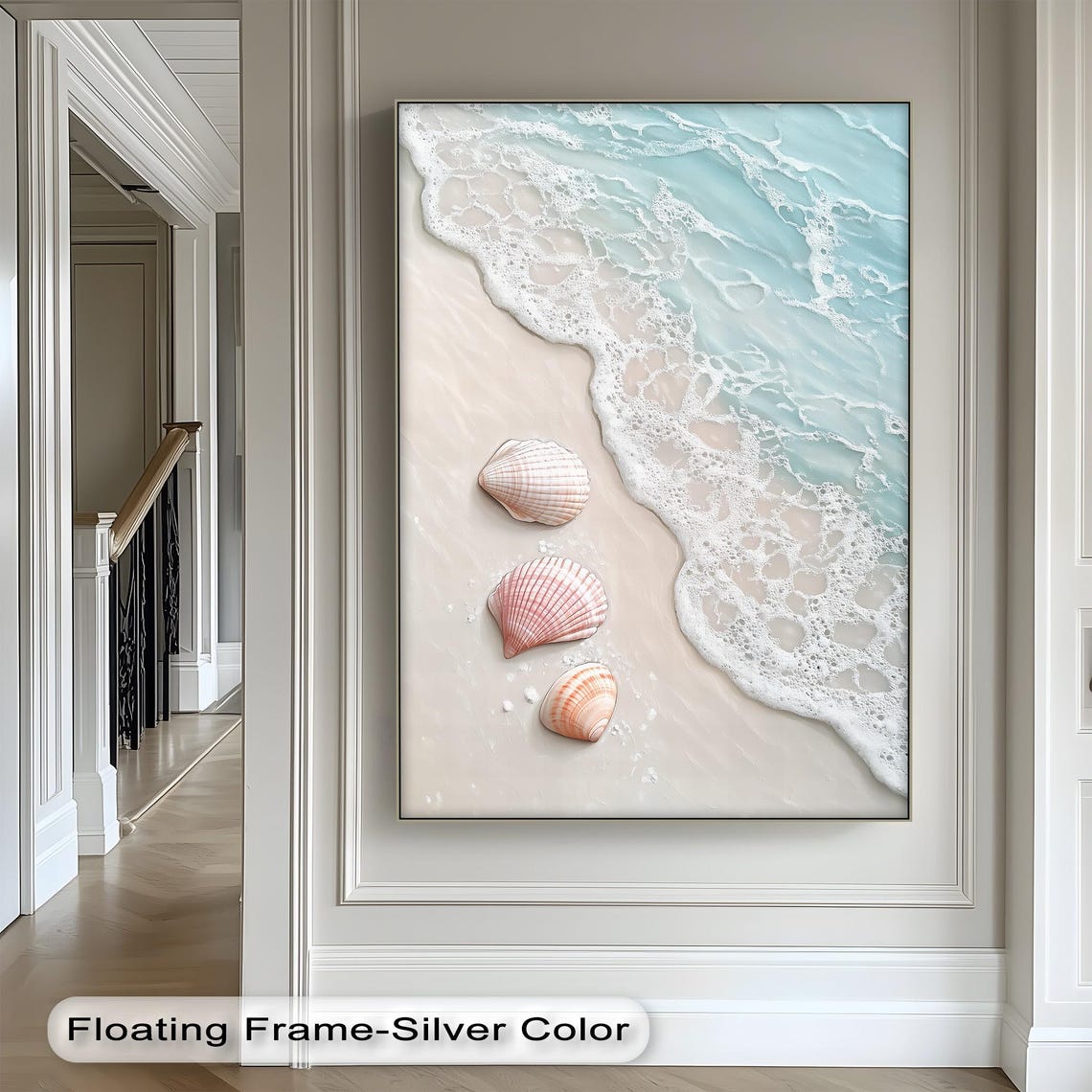 Pastel Seashells On Sandy Shore With Soft Gentle Wave Foam Print
