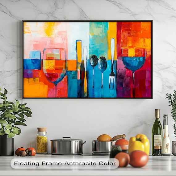 Abstract Kitchen Canvas Art Colorful Utensils Modern Dining Decor
