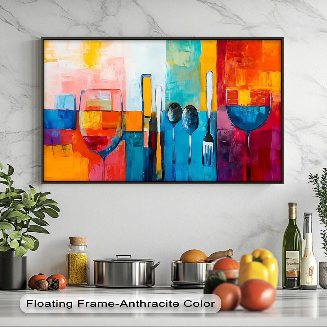 Abstract Kitchen Canvas Art Colorful Utensils Modern Dining Decor