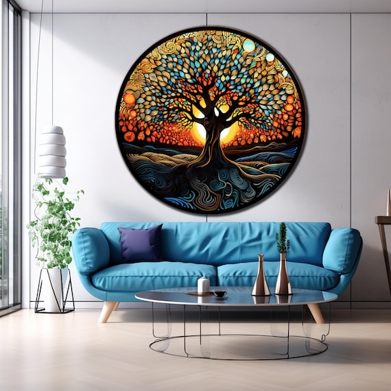 Life Of Tree Tempered Glass Art Life Of Tree Glass Round Life Of Tree Stained Pattern Wall Hanging Uv Printed Round Gift For Unisex
