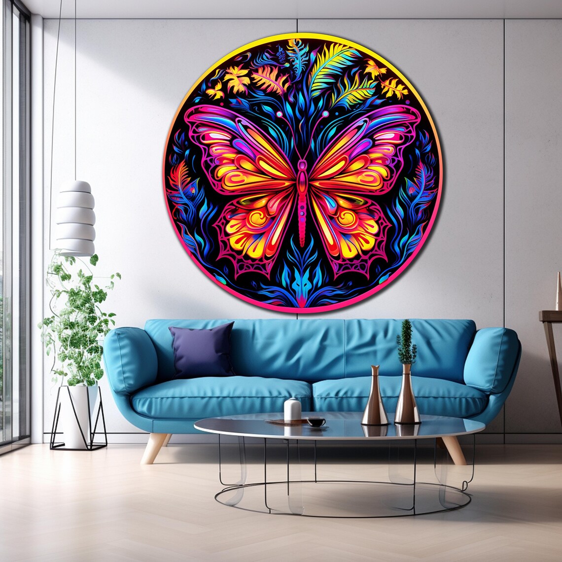 Neon Pink Orange Butterfly Dark Tropical Leaves Round Glow Art Poster