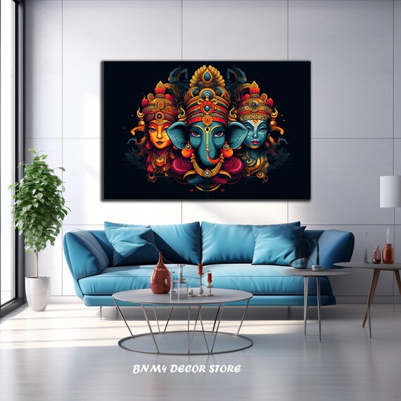 Lord Ganesha with Goddess Faces in Vibrant Colors on Black Poster