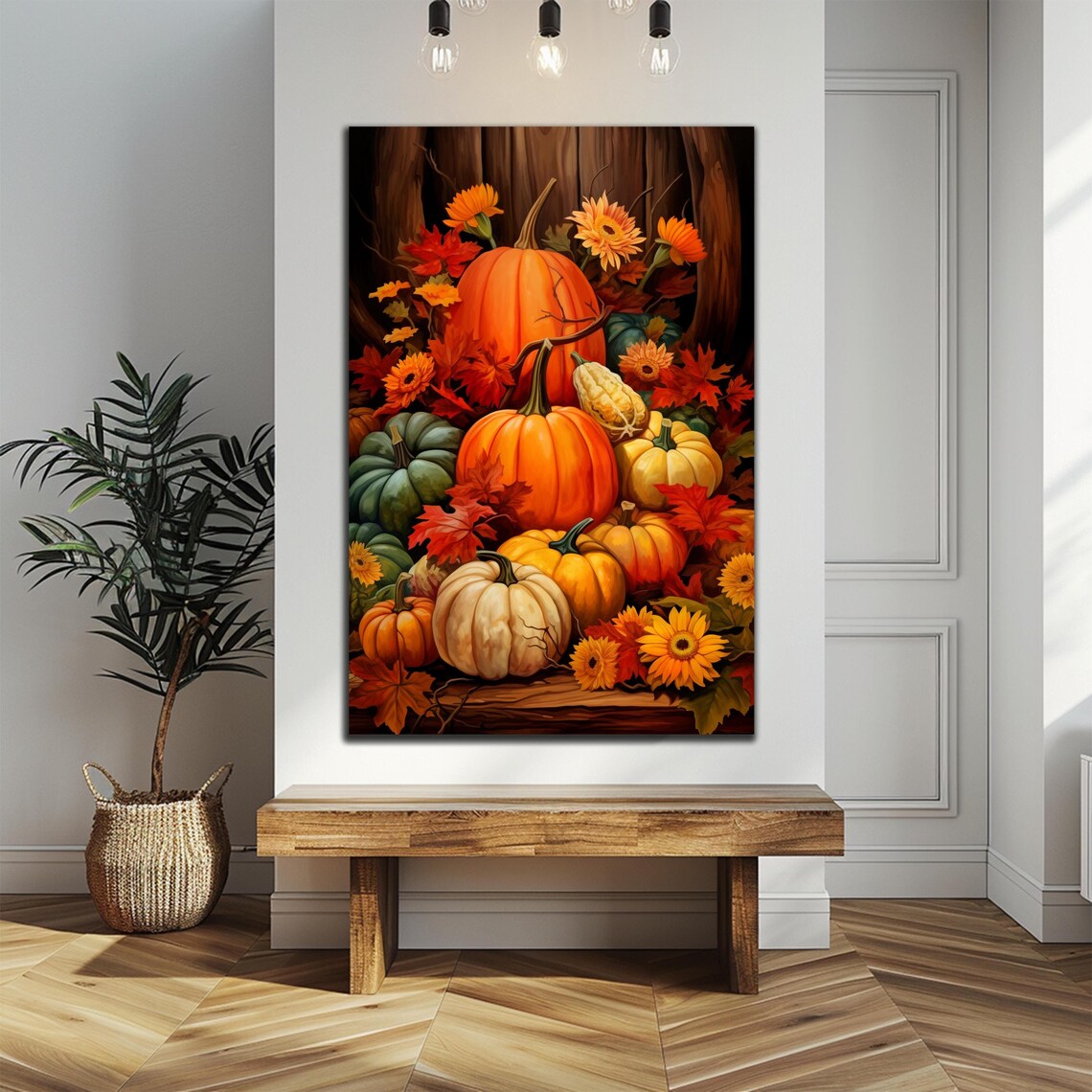 Autumn Harvest Pumpkins Gourds Sunflowers Fall Leaves Painting Poster
