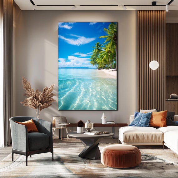 Tempered Glass Wall Art White Beach Wall Decor Palm Tree Glass Print Large Wall Art Wall Hangings Ocean Wall Art Island Wall Art