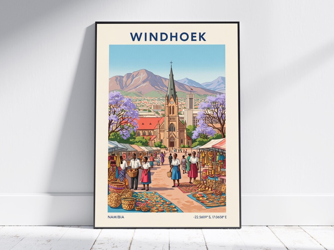 Windhoek Namibia Vintage Market Church Retro Travel Poster Art