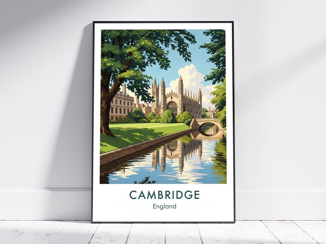 Cambridge England River Cam College Chapel Vintage Travel Poster