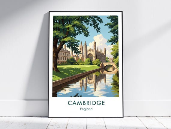 Cambridge Travel Poster Green Blue Vintage Art Architectural Illustration For Living Room Or Office Decor College Town Print