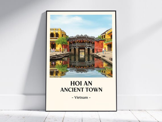 Hoi An Ancient Town Watercolor Print Yellow And Red Cityscape Green Blue Decor Vintage Style Art Living Room Office