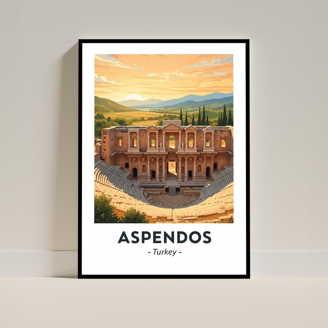 Aspendos Turkey Ancient Roman Theater Sunset Vintage Travel Art Poster