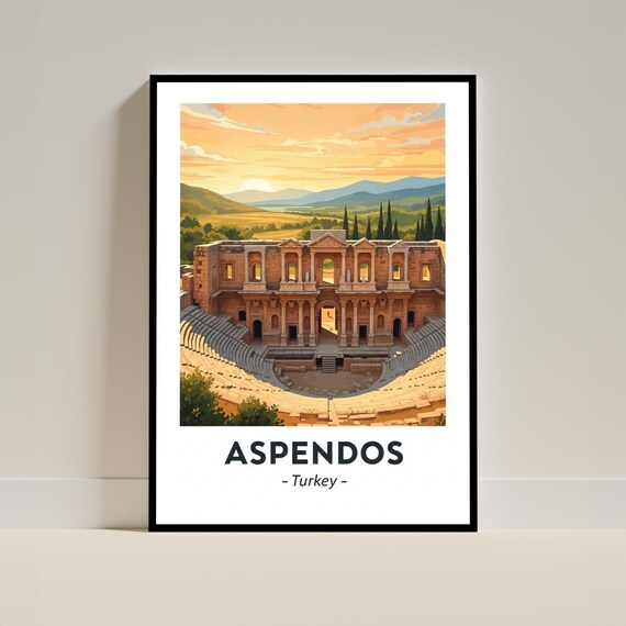 Aspendos Turkey Ancient Roman Theater Sunset Vintage Travel Art Poster