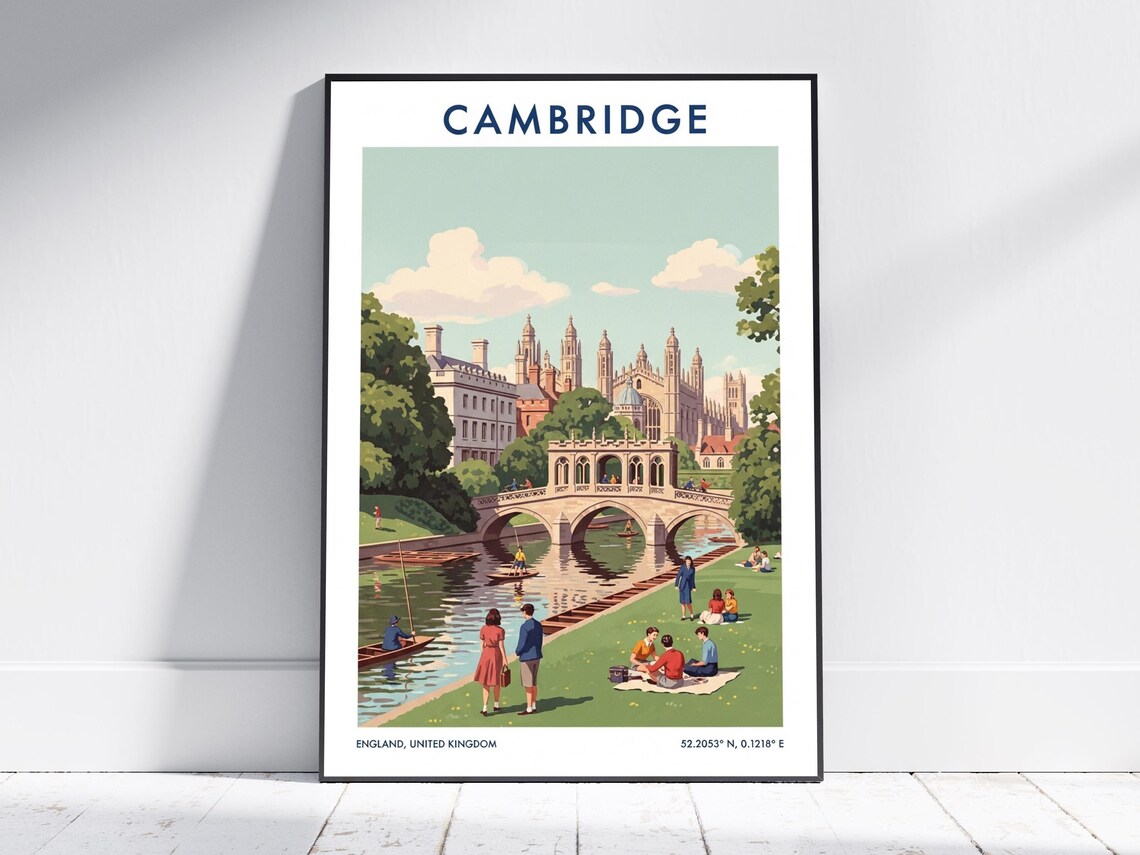 Cambridge England Travel Poster River Bridge Punting Vintage Scene Art