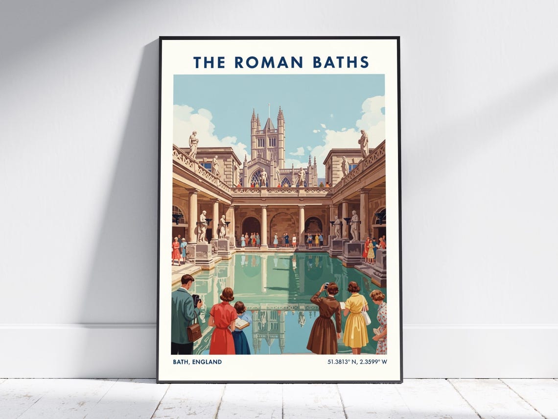 The Roman Baths England Vintage Travel Poster With Historic Bath Scene