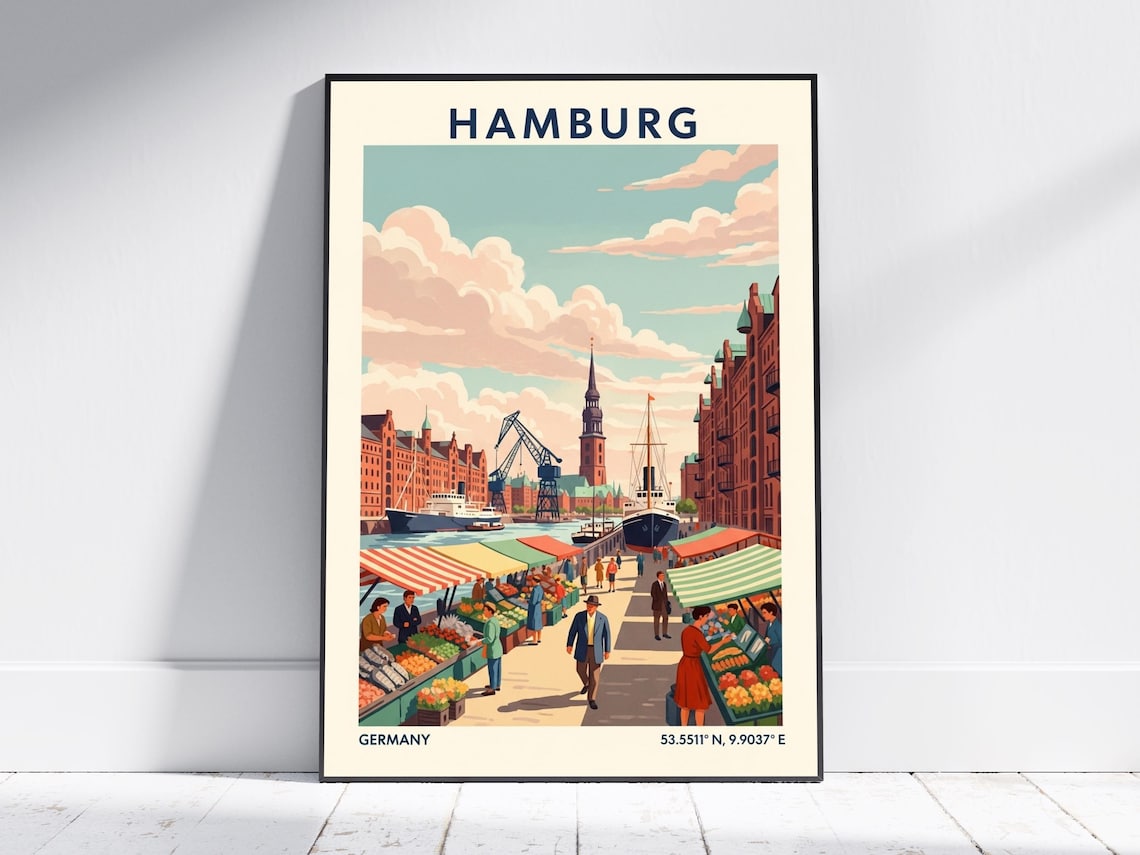 Hamburg Travel Poster Germany Speicherstadt Harbor Market Scene