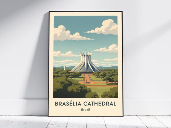 Braslia Cathedral Art Print Vintage Travel Poster Modernist Architecture Living Room Office Decor