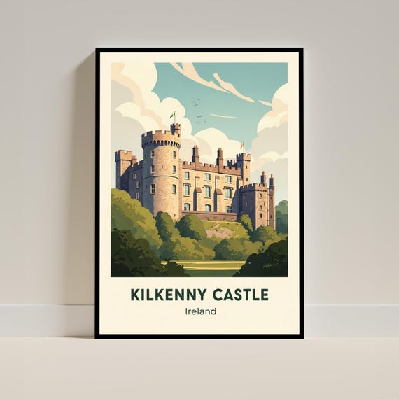Kilkenny Castle Art Print Vintage Travel Wall Poster Beige And Green Blue Brown Living Room Or Office