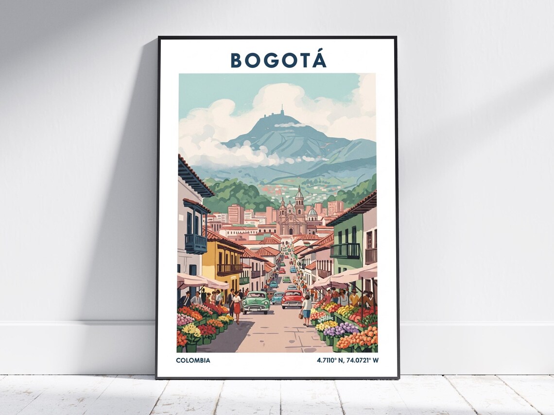 Bogota Colombia Vintage Travel Poster with Flower Market and Mountain