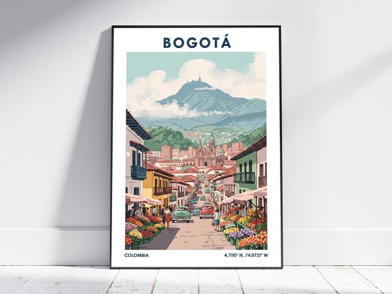 Bogota Colombia Vintage Travel Poster with Flower Market and Mountain
