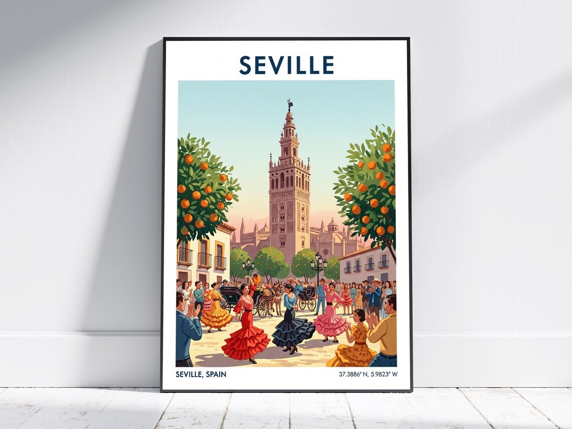 Seville Spain Flamenco Dancers Orange Trees Vintage Travel Poster