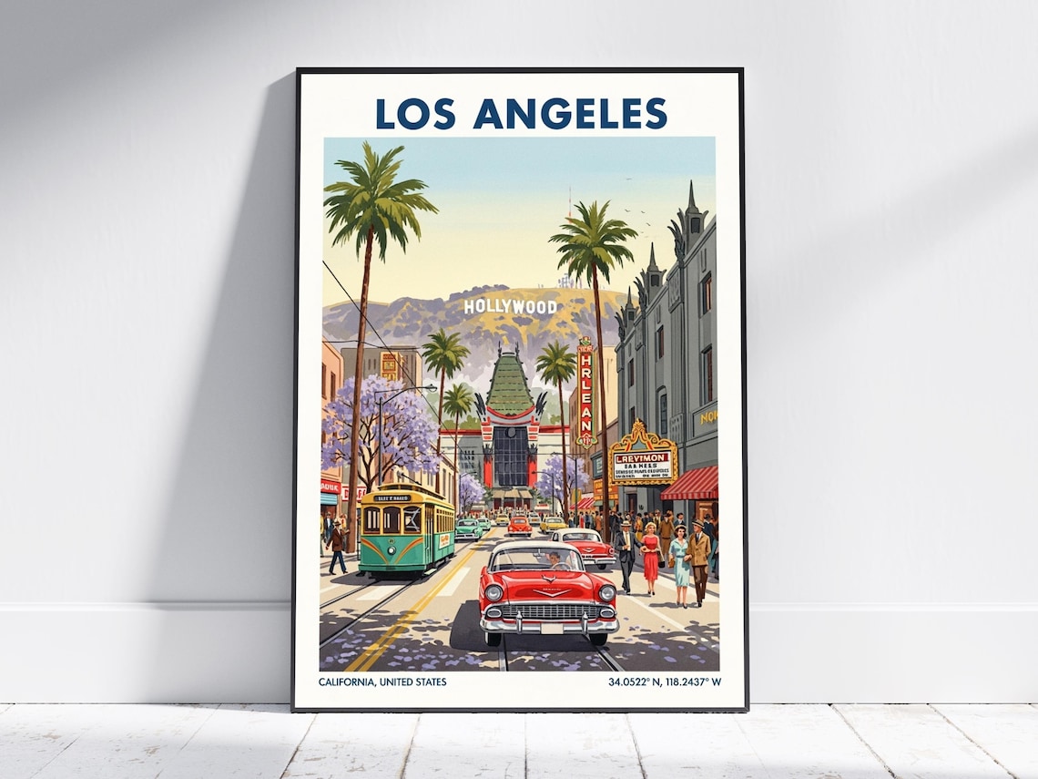 Los Angeles Hollywood Boulevard Retro Classic Cars Travel Poster