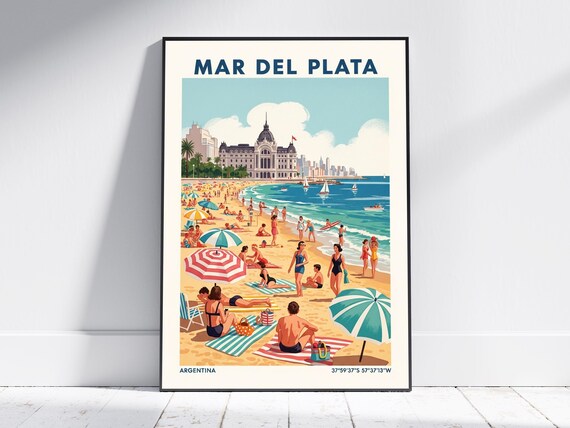 Mar Del Plata Argentina Vintage Sunny Beach Umbrellas Poster