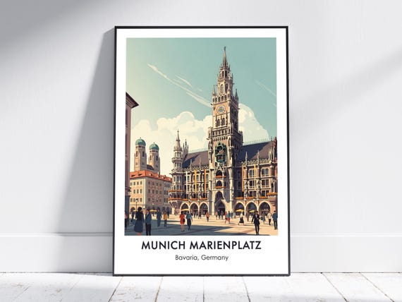 Munich Marienplatz Germany Vintage Travel Poster Cityscape Art Wall Decor Living Room Office