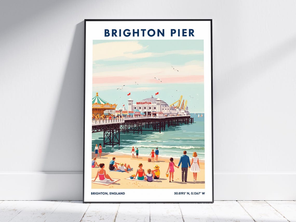 Brighton Pier England Seaside Beach Retro Vintage Travel Poster