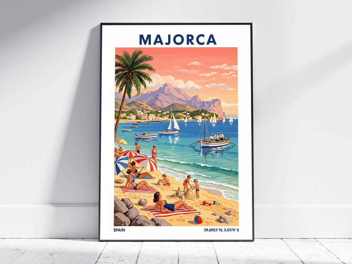 Majorca Spain Vintage Beach Scene Sailboats Sunset Shore Poster