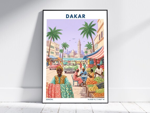 Dakar Senegal Vintage Market Palms Street Retro Travel Poster Art
