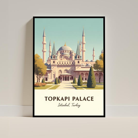 Topkapi Palace Art Print Vintage Travel Wall Poster Teal And Beige Green Yellow Living Room Or Office Decor