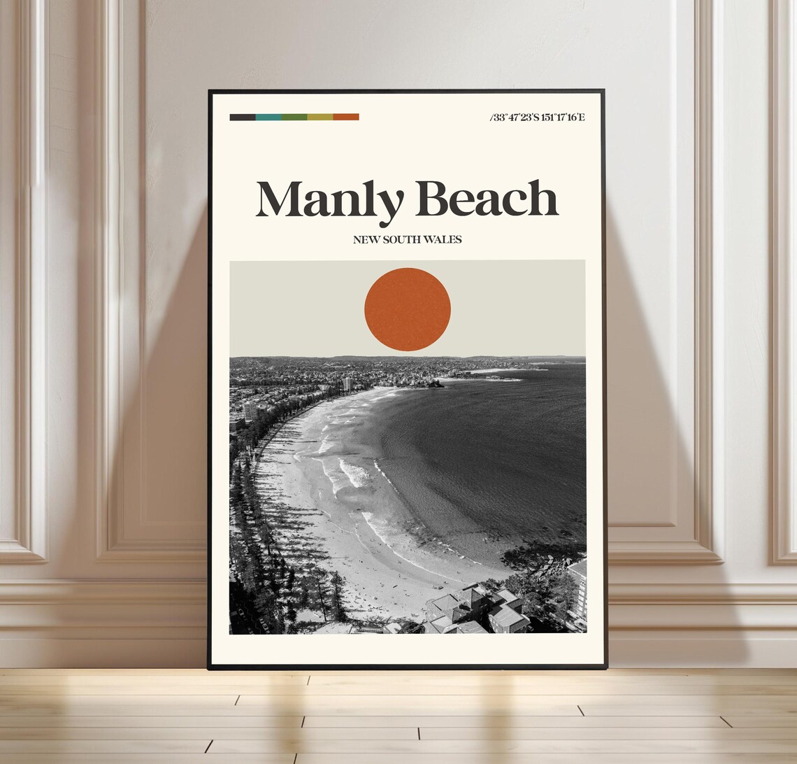 Manly Beach New South Wales Mid Century Coastal Surf Travel Poster