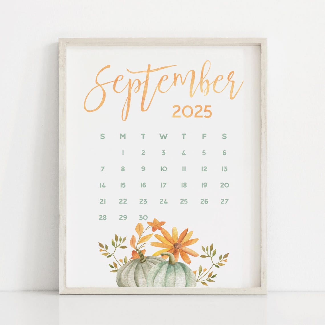 September 2025 Calendar Green Pumpkins Wood Frame Rustic Planner - Image 3