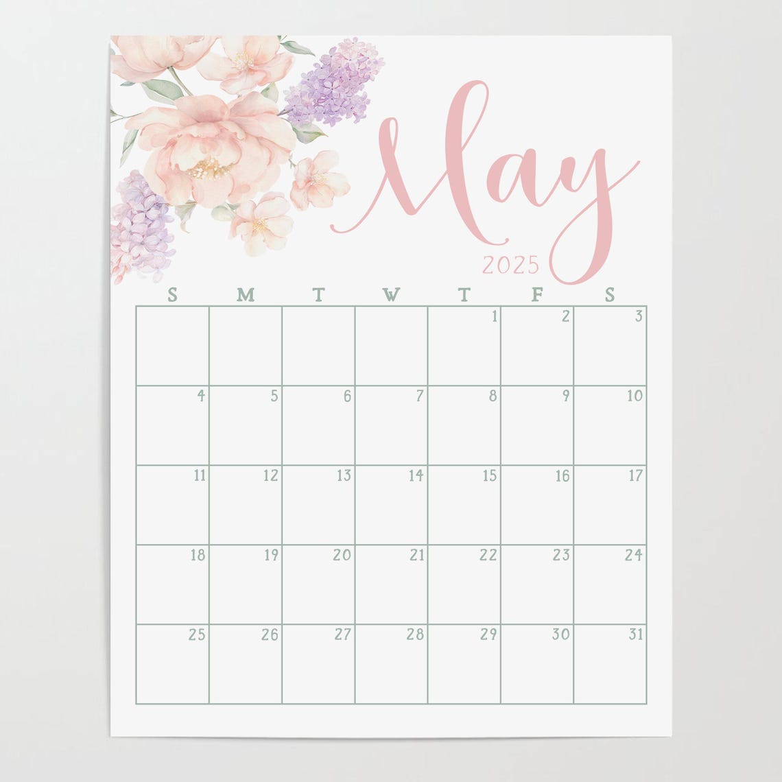 May 2025 Calendar Pink Peony Lilac Spring Monthly Planner Wall Art - Image 4