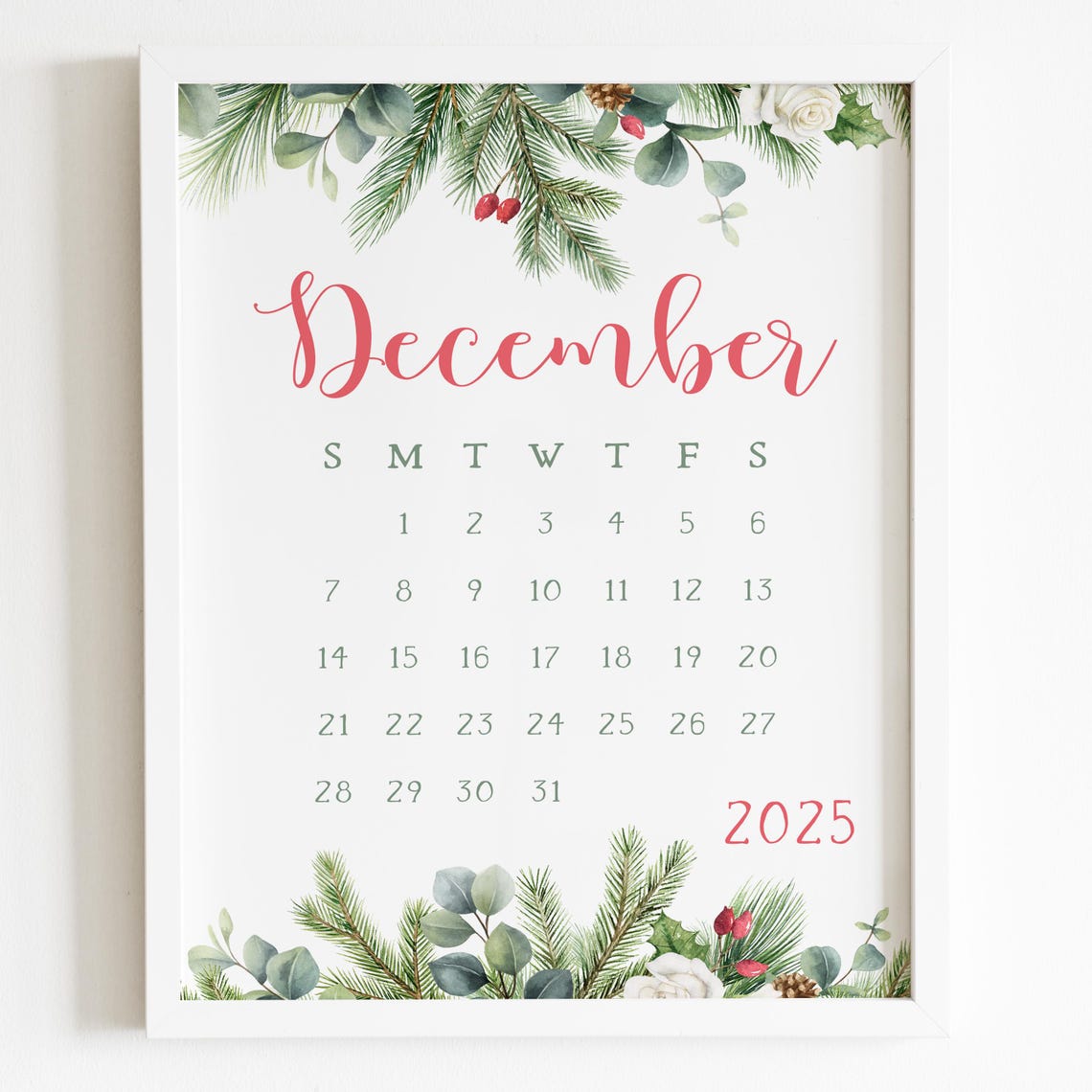 December 2025 Calendar Winter Greenery Eucalyptus Berries Print - Image 5